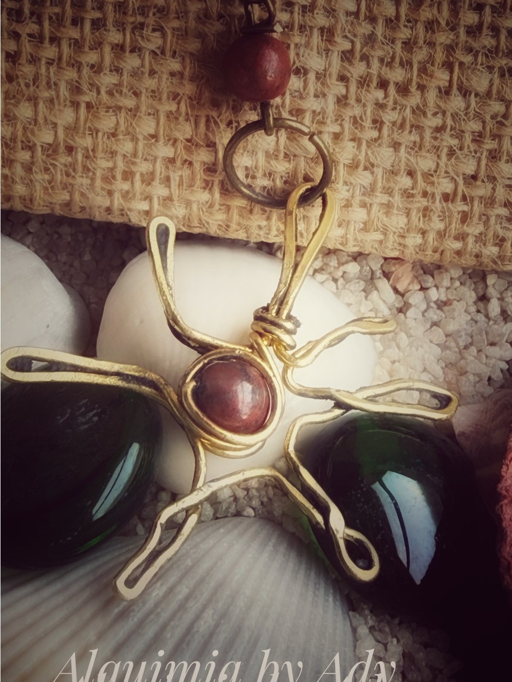 Antique Gold bronze and Red Sun Necklace